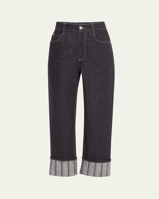 Striped Cuff Straight-Leg Ankle Jeans
